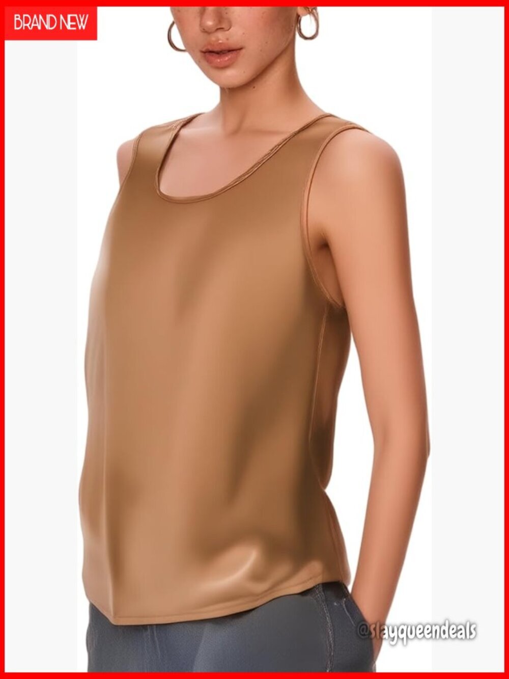 Sleeveless Silky Camisole Top Loose Fit Satin Tank Wide Strap
